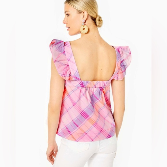 NWTS Lilly Pulitzer Reyna Top Size L Pink Isle Madras Plaid - Picture 2 of 7